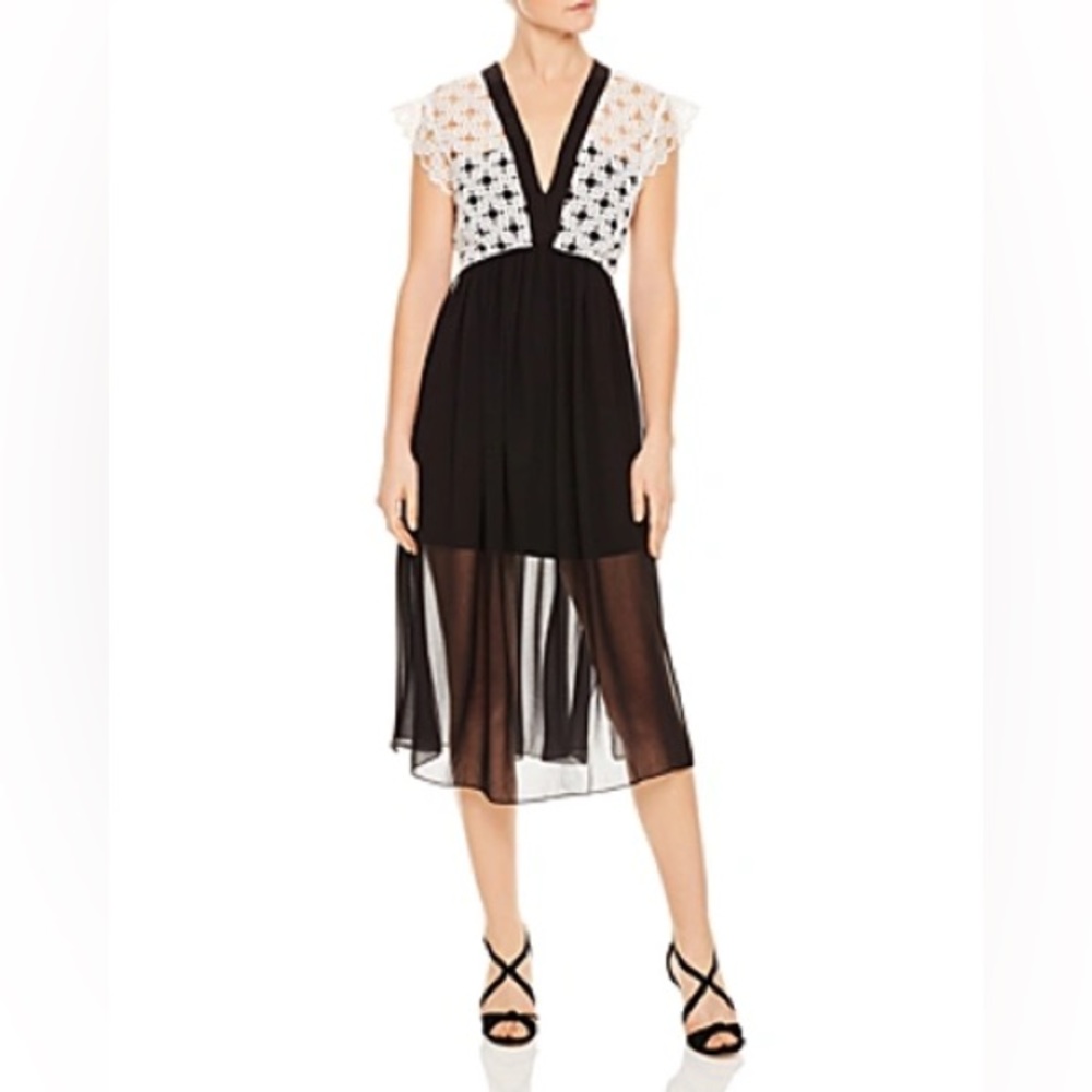 Sandro Paris Lace Trim Midi Dress in Black and White - Picture 6 of 15